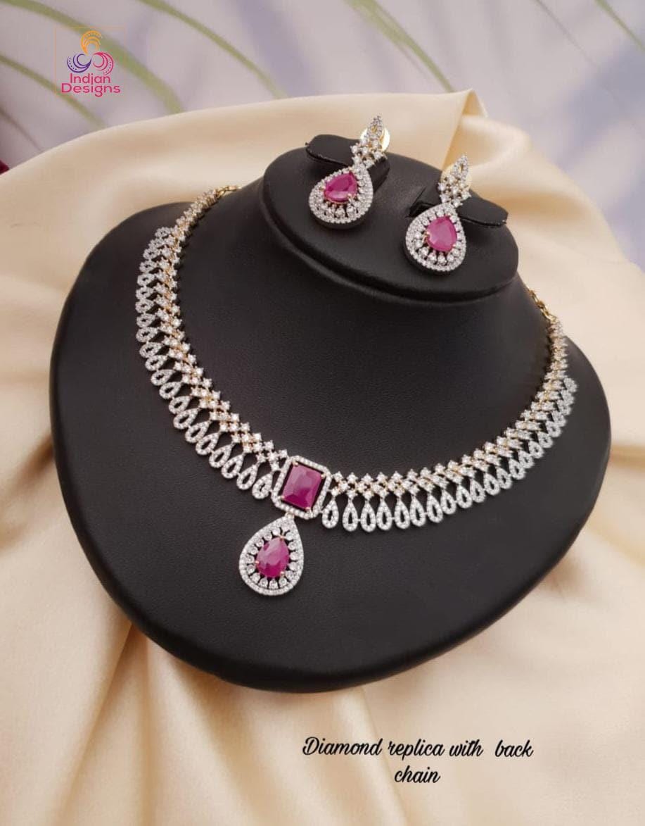 Diamond replica ad stone choker necklace set| cz american diamond necklace & earrings| ruby emerald two-tone jewelry| indian wedding choker