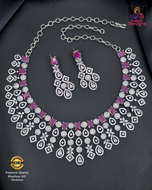 Grand rhodium plated necklace set| intricate diamond look choker| american diamond ethnic bridal jewelry| silver tone ad party wear necklace