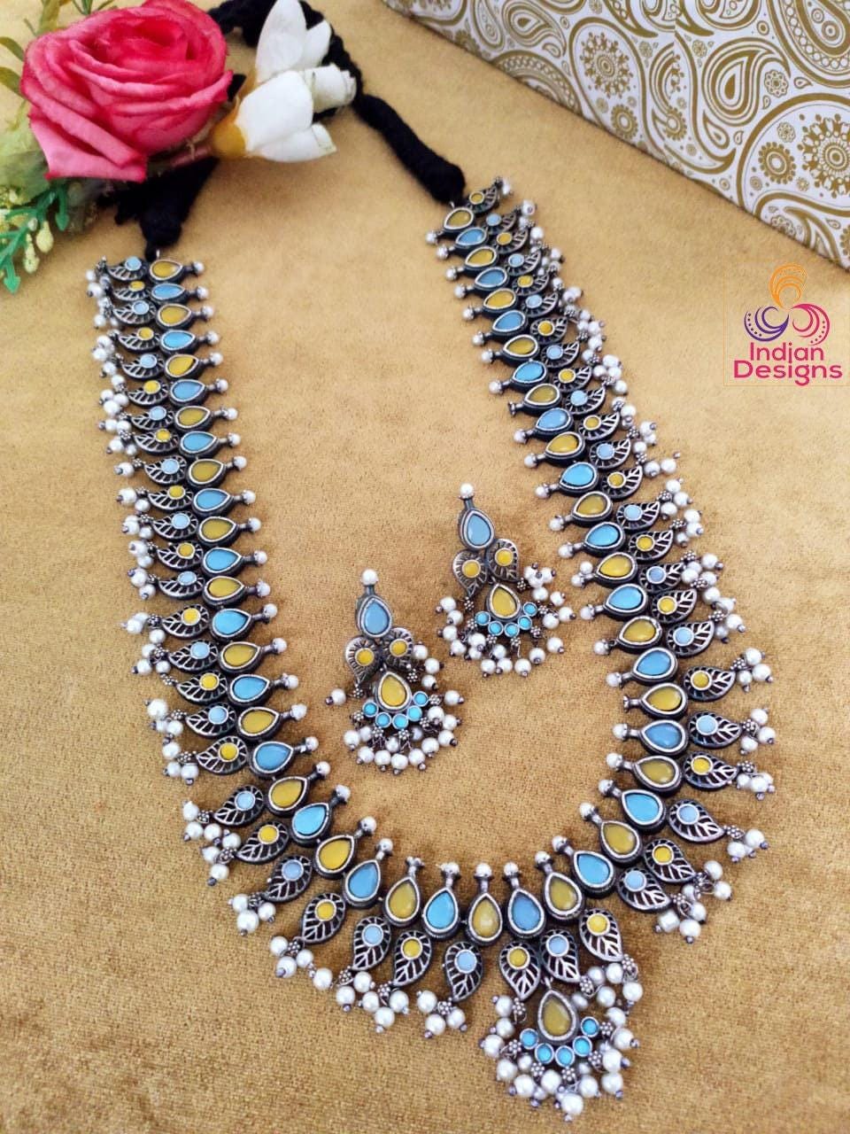 Oxidized long Necklace set | German Silver Indian Oxidized Necklace Pearl earrings | Boho Jewelry | Pakistani Long oxidized jewelry necklace