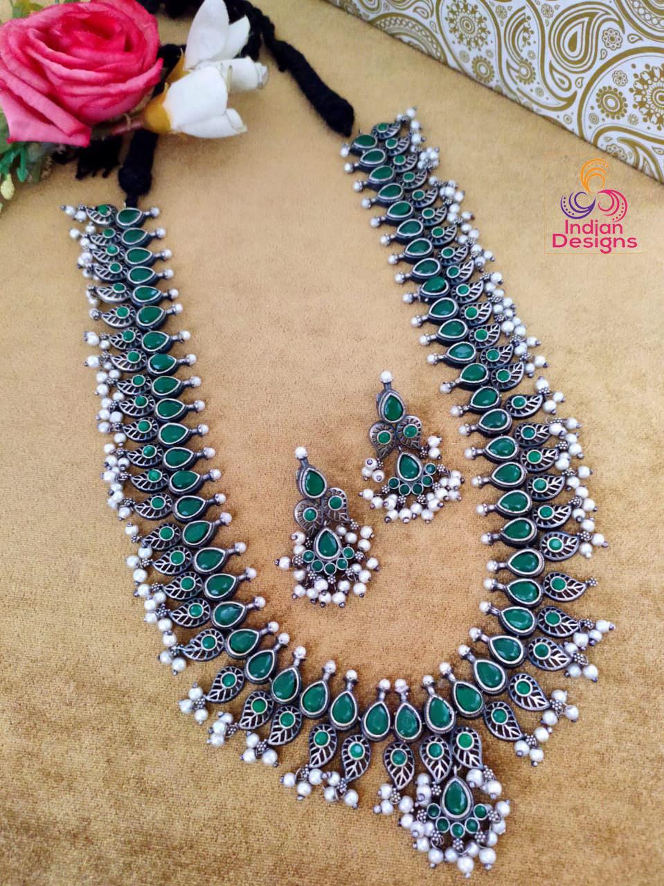 Oxidized long Necklace set | German Silver Indian Oxidized Necklace Pearl earrings | Boho Jewelry | Pakistani Long oxidized jewelry necklace