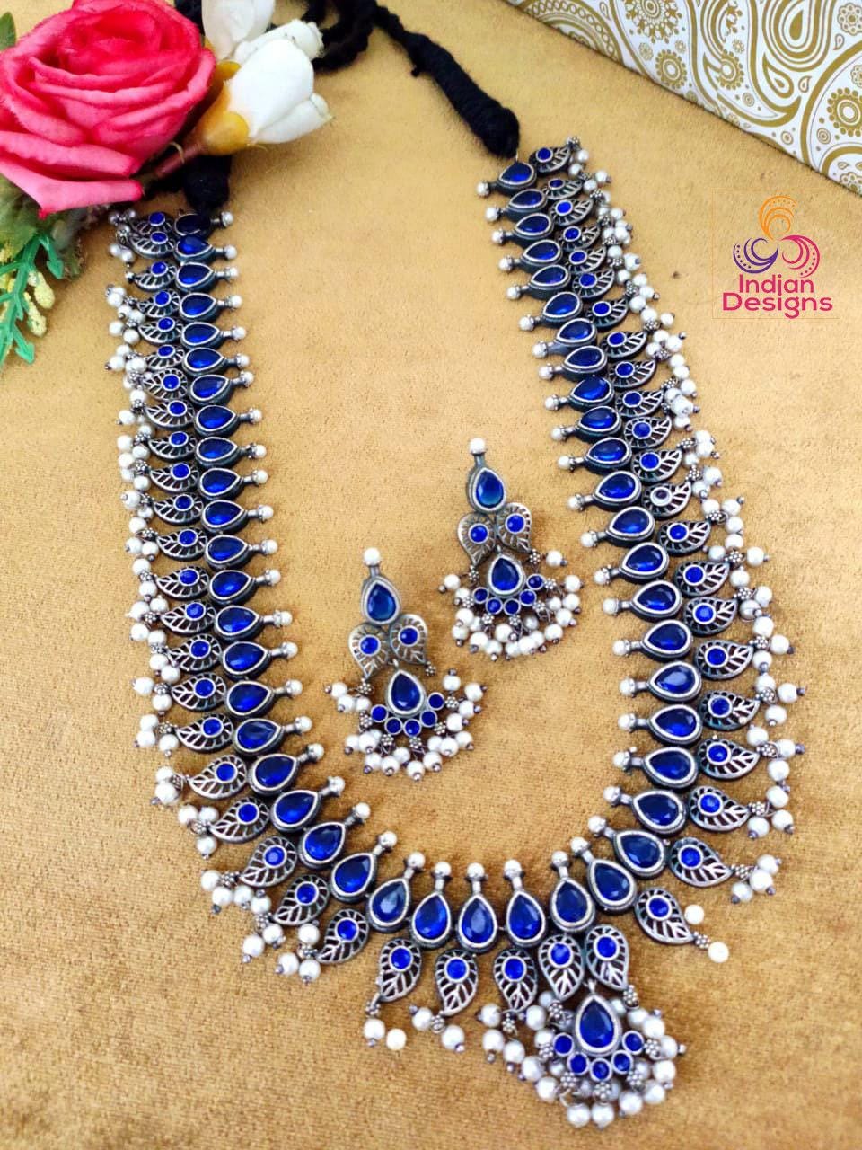 Oxidized long Necklace set | German Silver Indian Oxidized Necklace Pearl earrings | Boho Jewelry | Pakistani Long oxidized jewelry necklace