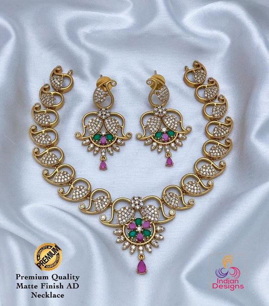 Traditional south Indian style Choker Necklace and Earrings Set with Ruby and Emerald Accents | Indian Temple jewelry designs | Gift for her