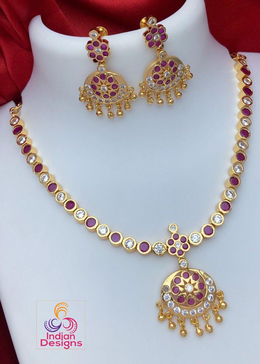 Gold Plated Ruby Emerald Attigai necklace Earring set| American Diamond CZ Choker Simple necklace| South Indian style Necklace| Gift for her