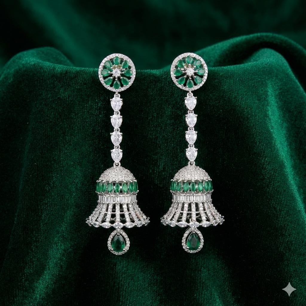 Long Diamond Jhumka Earrings| Party Wear Silver CZ Jhumki| American Diamond Statement Earrings| Indian Bridal Wedding Jewelry| Gift for her