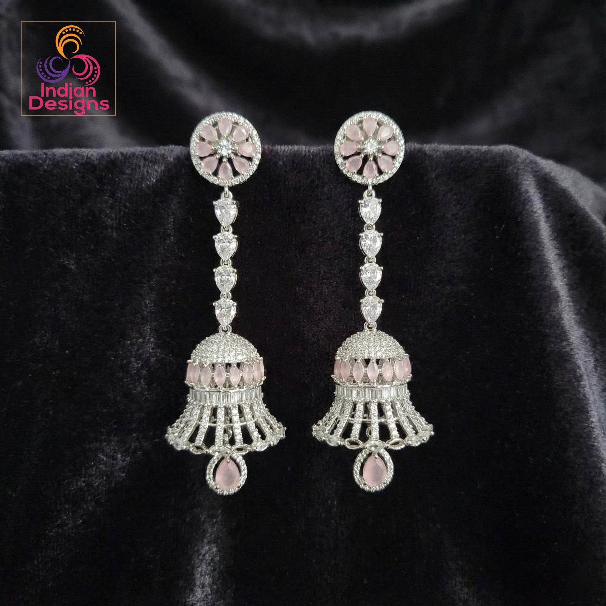Long Diamond Jhumka Earrings| Party Wear Silver CZ Jhumki| American Diamond Statement Earrings| Indian Bridal Wedding Jewelry| Gift for her