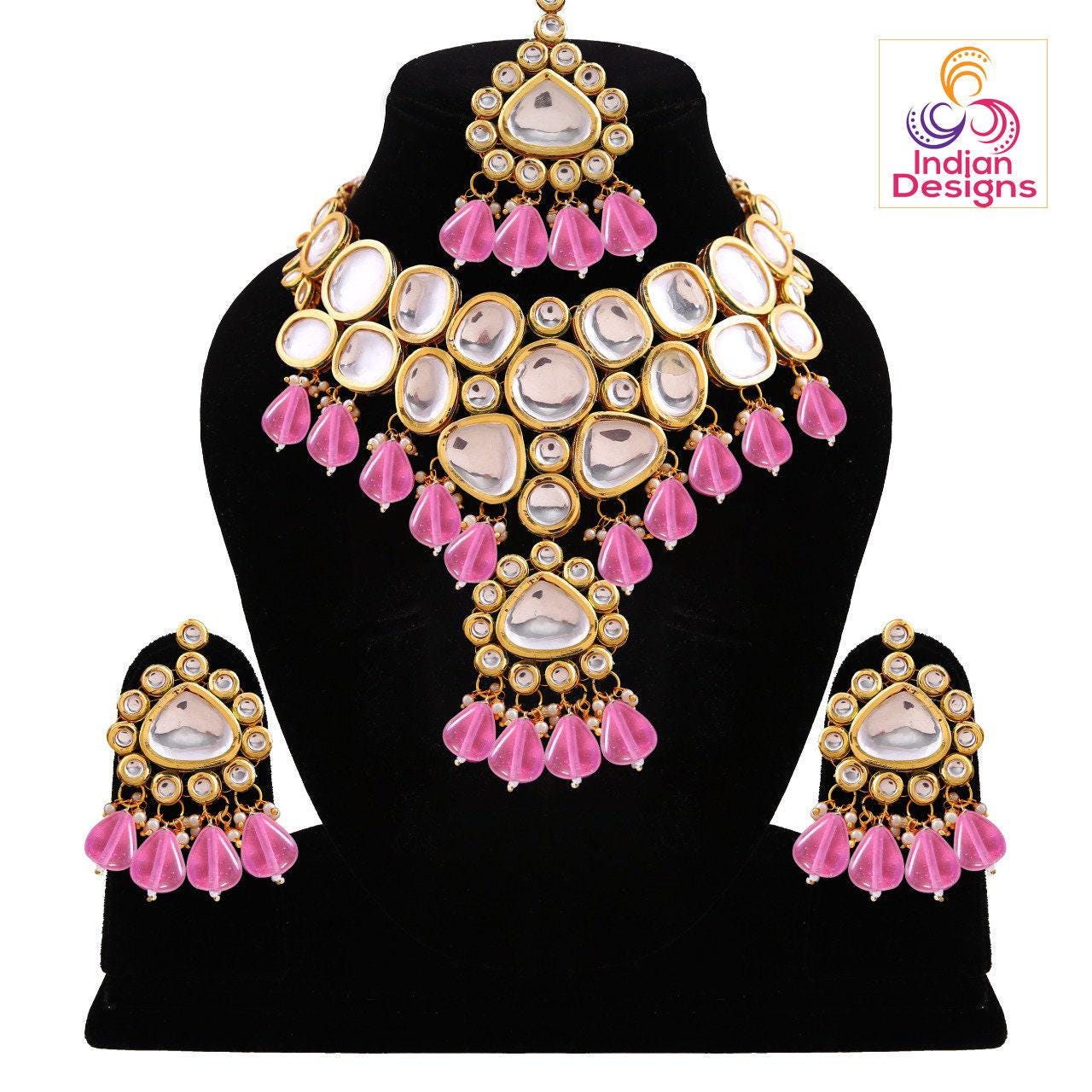 Heavy kundan wedding bridal jewelry set with maang tikka | pink kundan bridal set | mint bridal jewelry set | real indian kundan jewelry