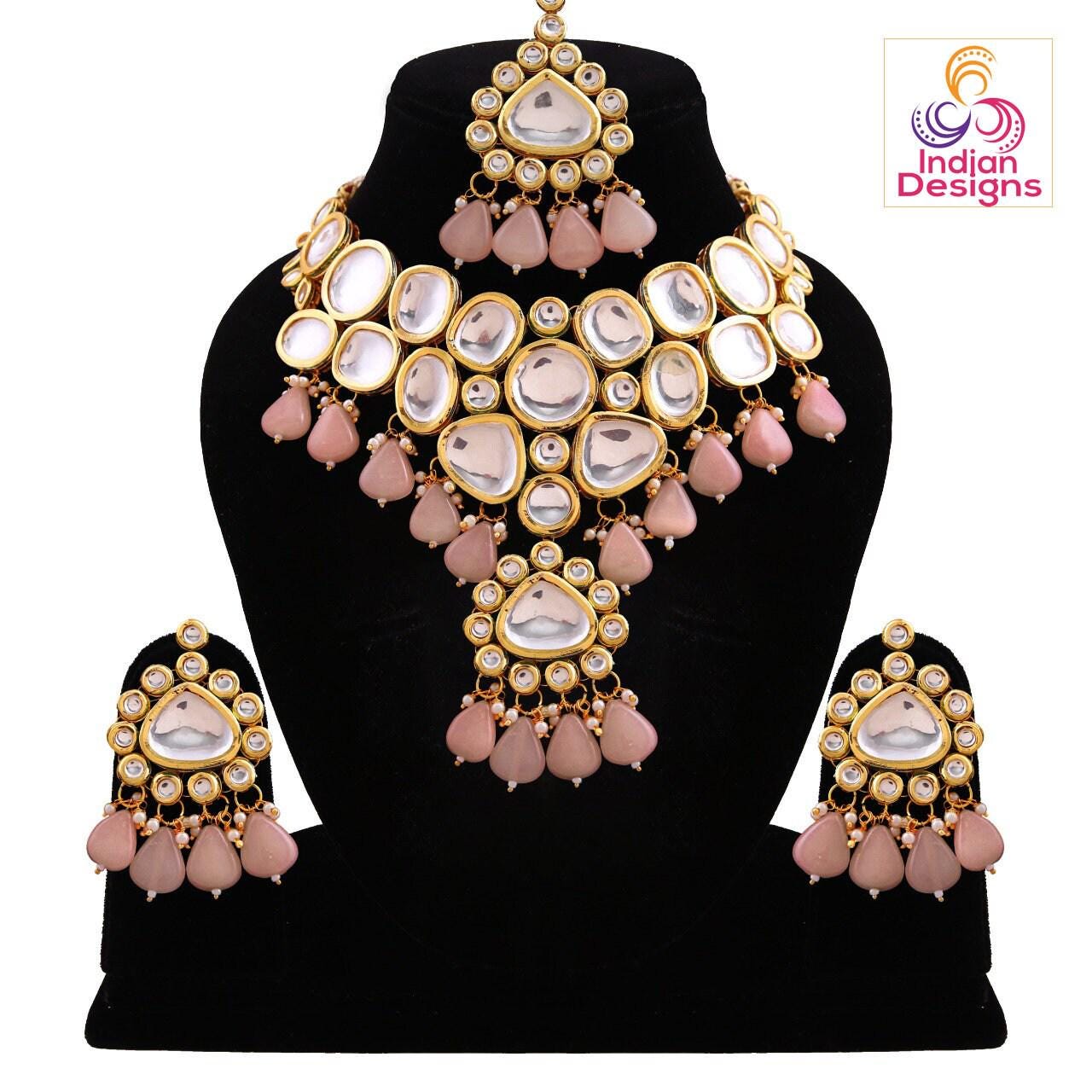 Heavy kundan wedding bridal jewelry set with maang tikka | pink kundan bridal set | mint bridal jewelry set | real indian kundan jewelry