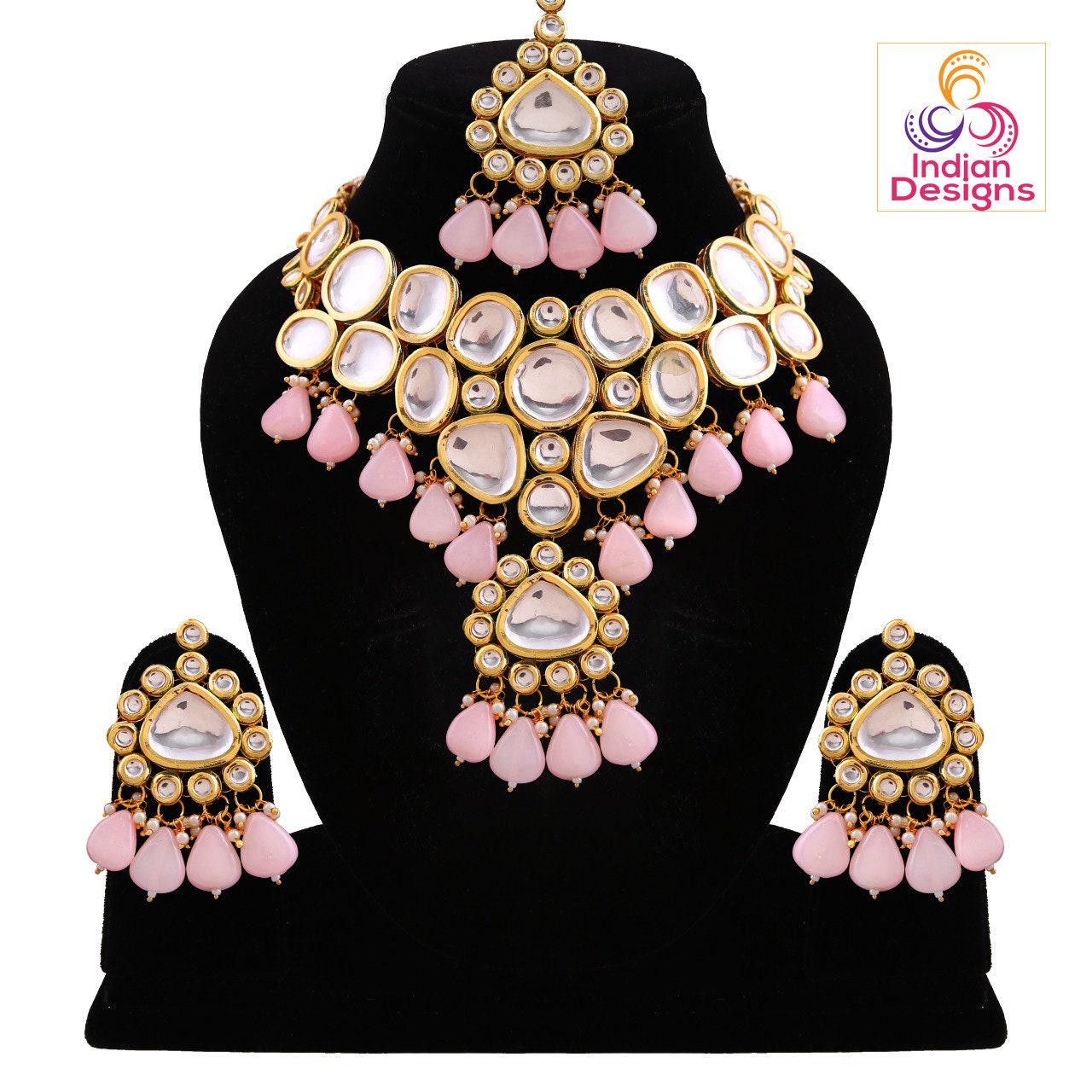 Heavy kundan wedding bridal jewelry set with maang tikka | pink kundan bridal set | mint bridal jewelry set | real indian kundan jewelry