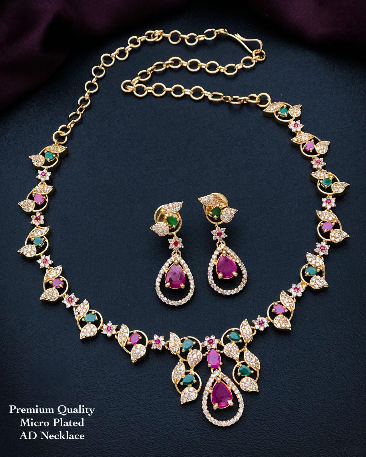 South Indian gold choker necklace designs| Small gold choker necklace designs with Pearl drops and AD stones| American Diamond Necklace