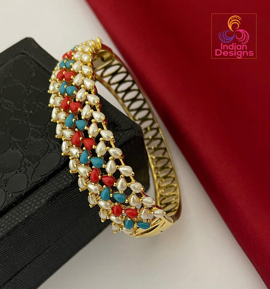 Gold plated pearl bangle| openable gold kada| indian ethnic bracelet| ruby green turquoise stone bangle| statement bangle| gift for her