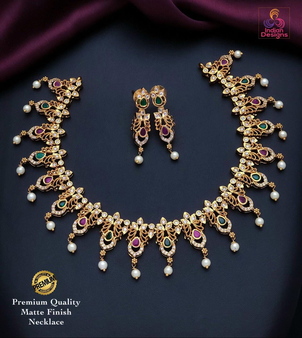 Long gold plated polki mala necklace | matte gold finish haram | ruby green ad stone rani haar with pearls | south indian wedding jewelry
