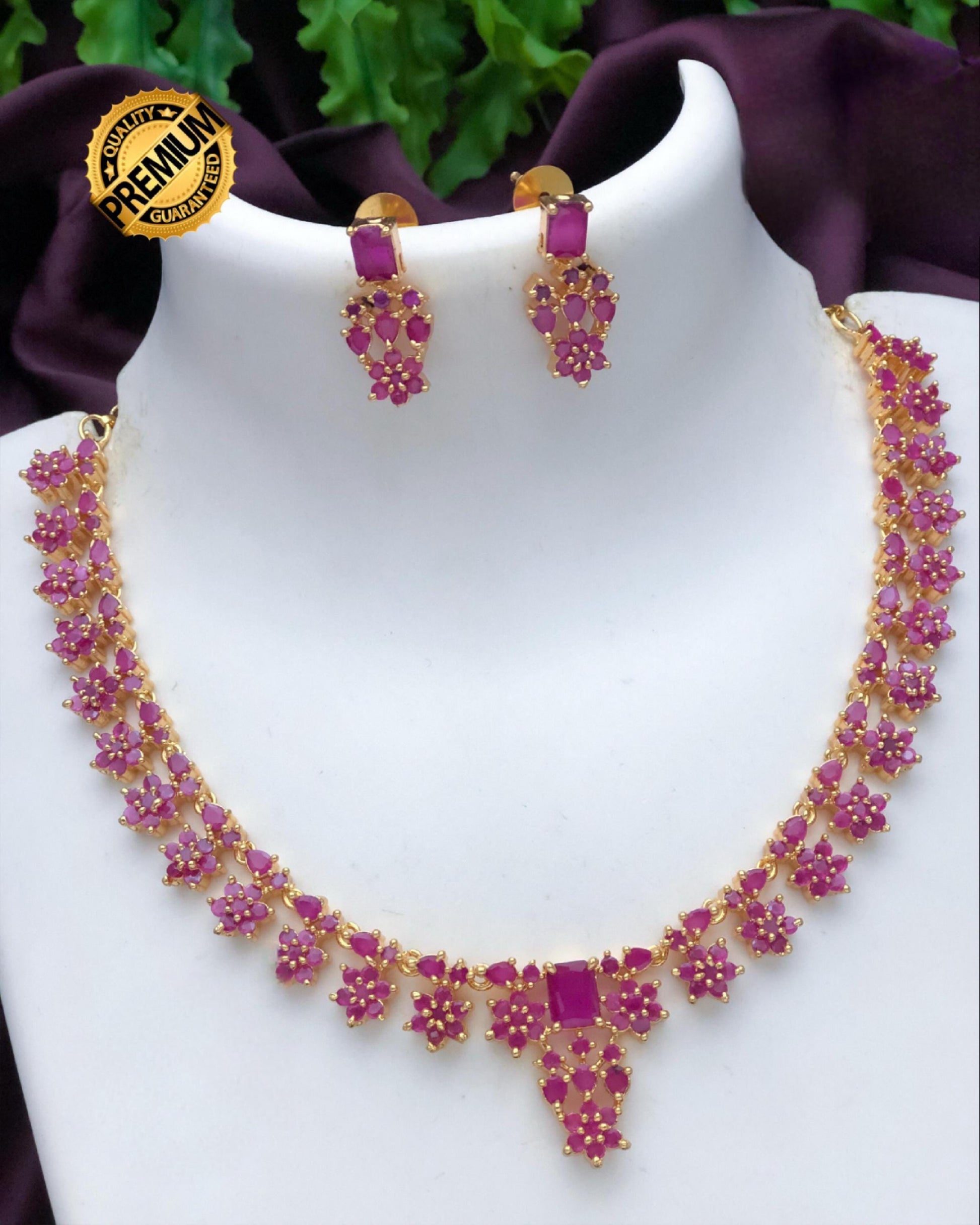 Gold Plated American Diamond Dainty Necklace and Earrings| Emerald Ruby CZ Diamond choker| Indian jewelry Statement Necklace| Gift for her
