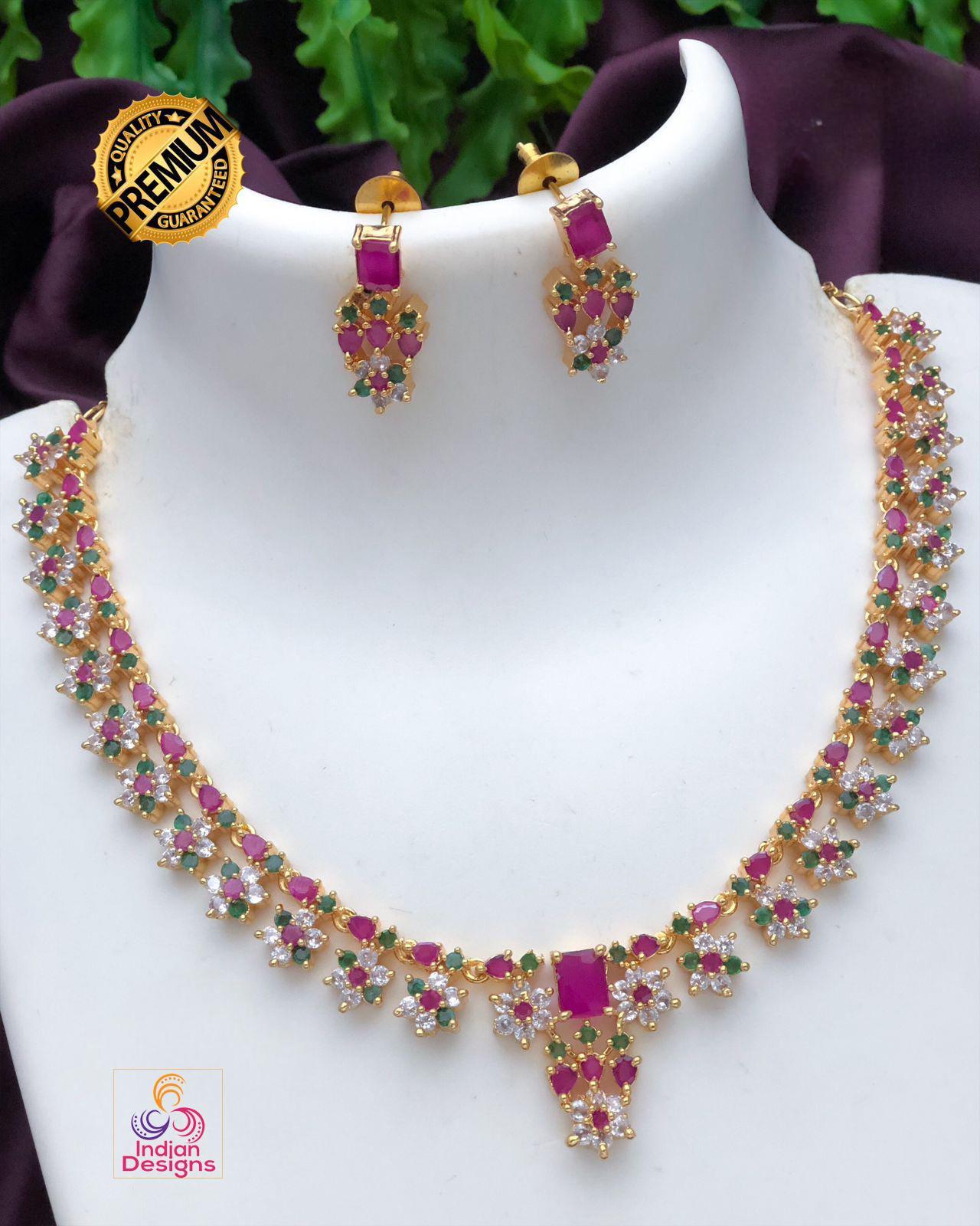 Gold Plated American Diamond Dainty Necklace and Earrings| Emerald Ruby CZ Diamond choker| Indian jewelry Statement Necklace| Gift for her