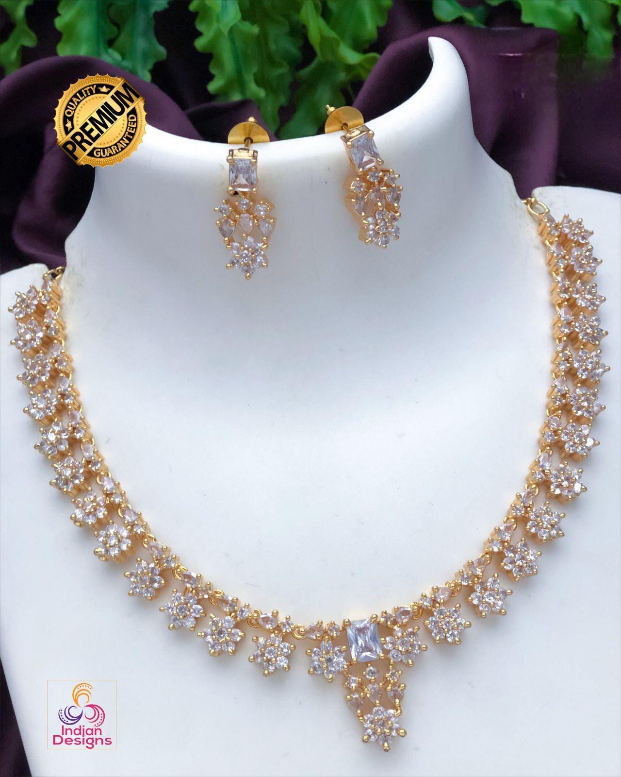 Gold Plated American Diamond Dainty Necklace and Earrings| Emerald Ruby CZ Diamond choker| Indian jewelry Statement Necklace| Gift for her