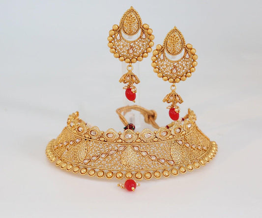 Authentic Designer Antique Gold Plated Wedding Fashion Choker Necklace Tikka|Bridal Fashion Indian Jewelry|Ethnic Wear Necklace