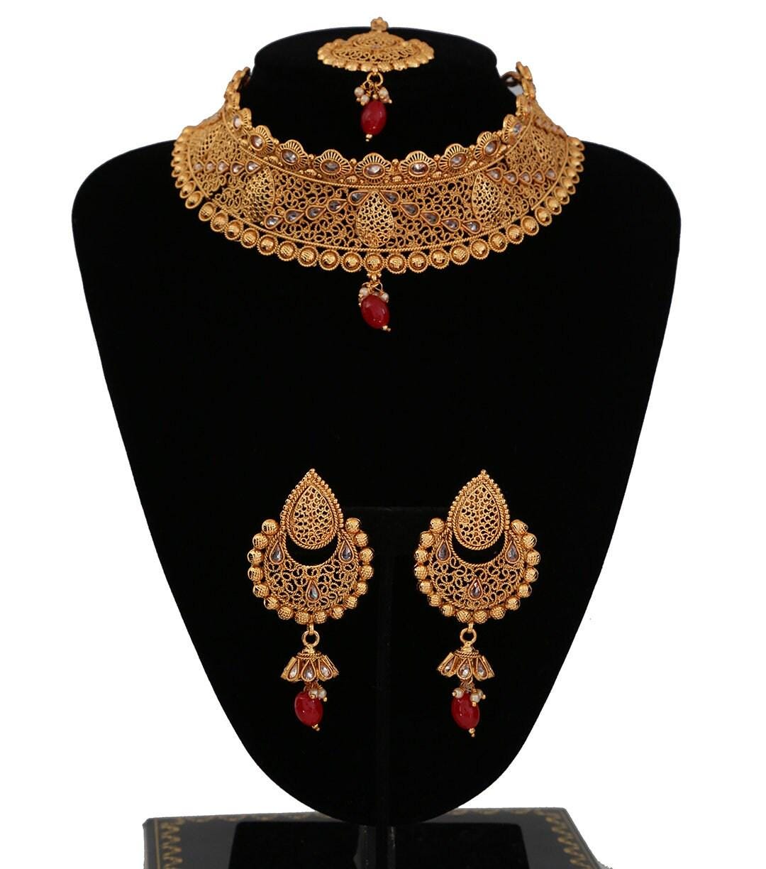 Authentic Designer Antique Gold Plated Wedding Fashion Choker Necklace Tikka|Bridal Fashion Indian Jewelry|Ethnic Wear Necklace