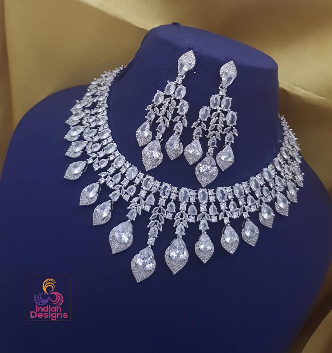 Silver American Diamond necklace Earring set| Statement necklace| Cz Crystal Wedding jewelry| Indian Bollywood Style Jewelry| Gift for her