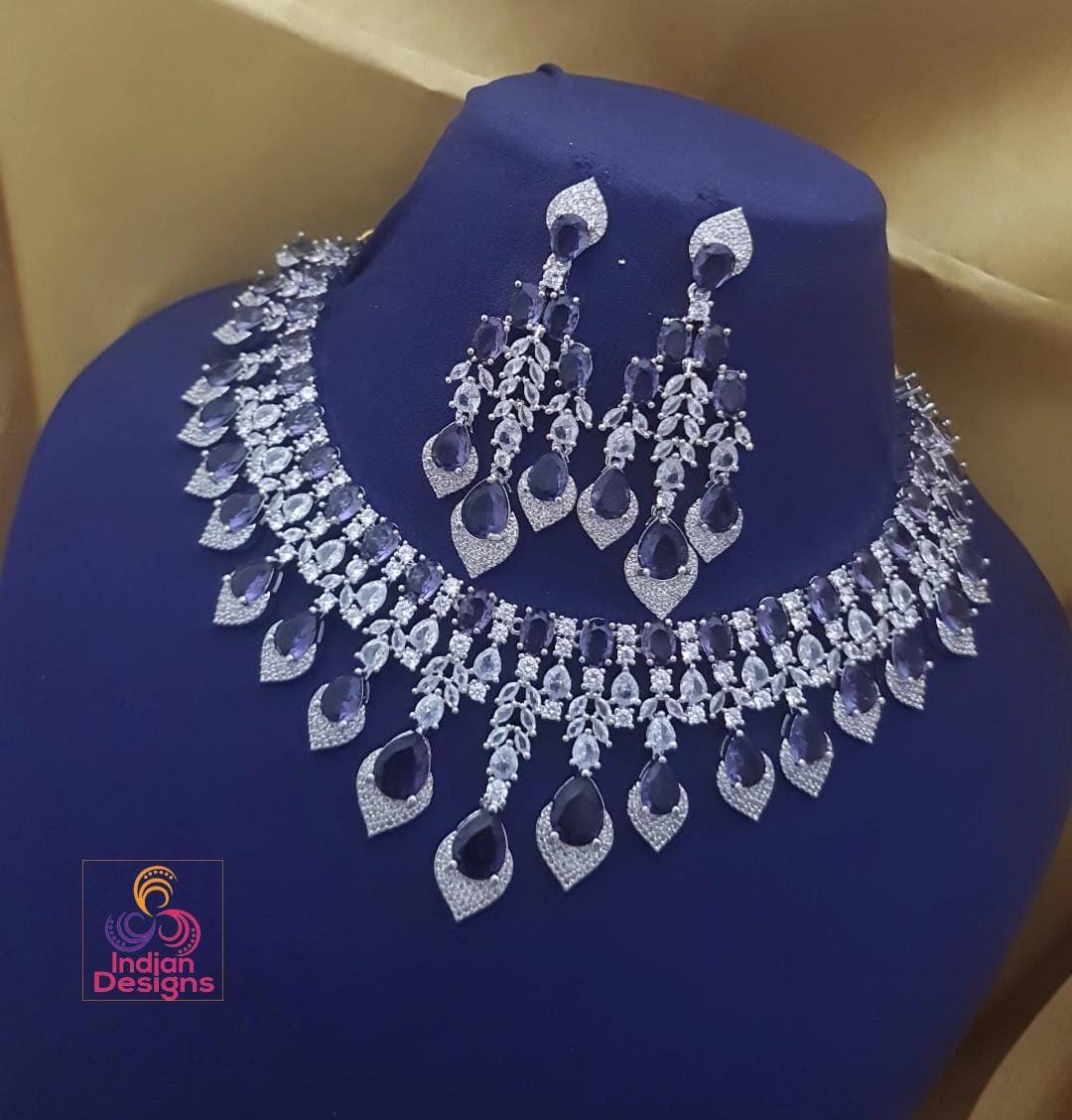 Silver American Diamond necklace Earring set| Statement necklace| Cz Crystal Wedding jewelry| Indian Bollywood Style Jewelry| Gift for her