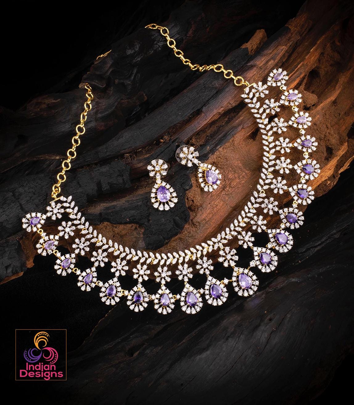 Luxury indian ad stone choker set| purple stone necklace| ruby emerald green cz bridal festive jewelry| statement choker| party wear jewelry