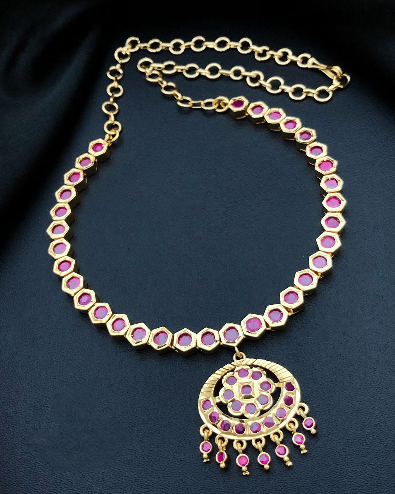 Gold Plated Ruby Emerald Attigai necklace set with earrings| American Diamond CZ Choker Simple necklace| Indian jewelry| South Indian style