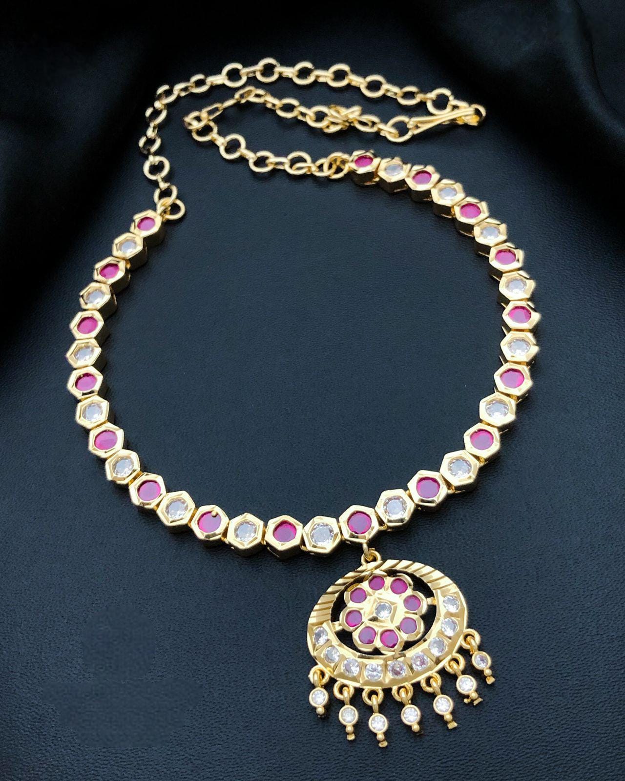 Gold Plated Ruby Emerald Attigai necklace set with earrings| American Diamond CZ Choker Simple necklace| Indian jewelry| South Indian style