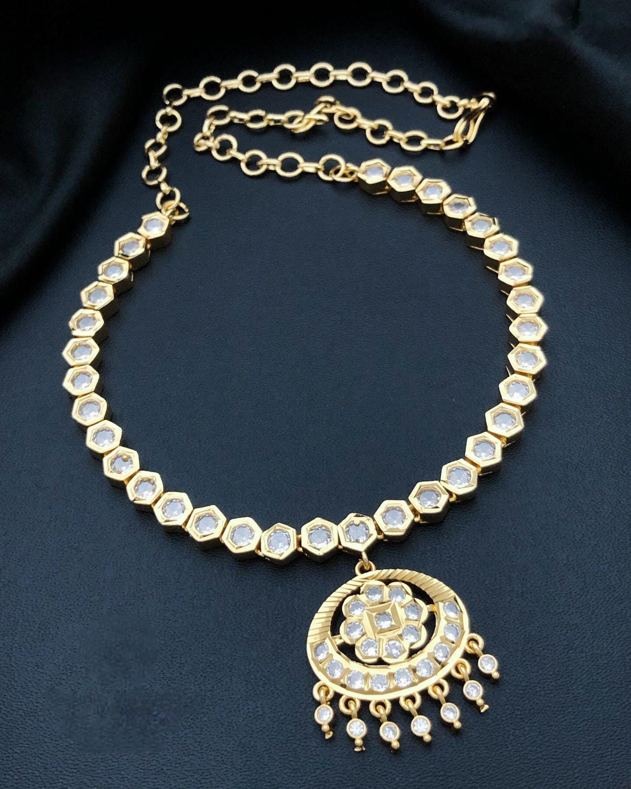 Gold Plated Ruby Emerald Attigai necklace set with earrings| American Diamond CZ Choker Simple necklace| Indian jewelry| South Indian style