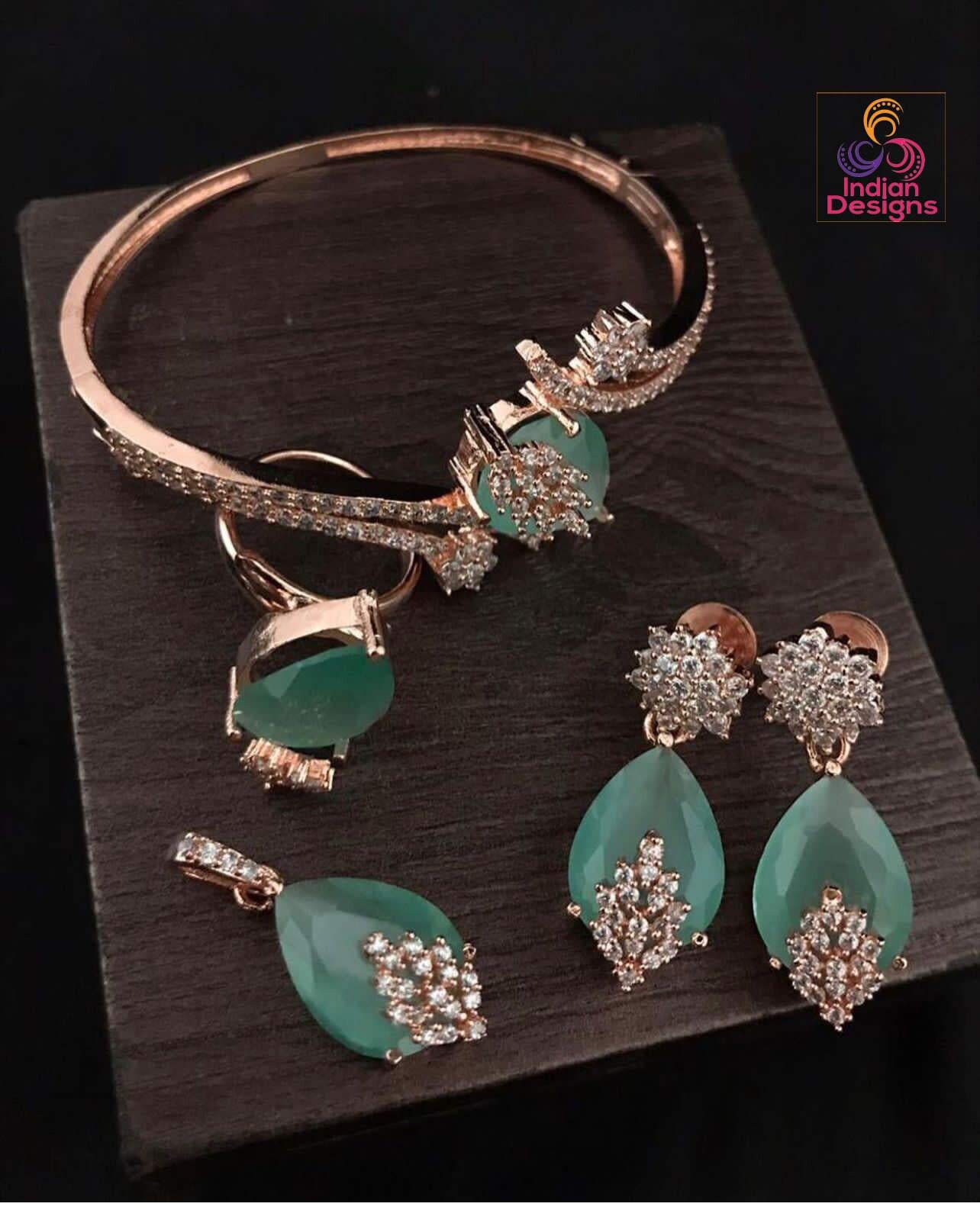 American Diamond mint green jewelry set includes bracelet earrings adjustable ring and Pendant