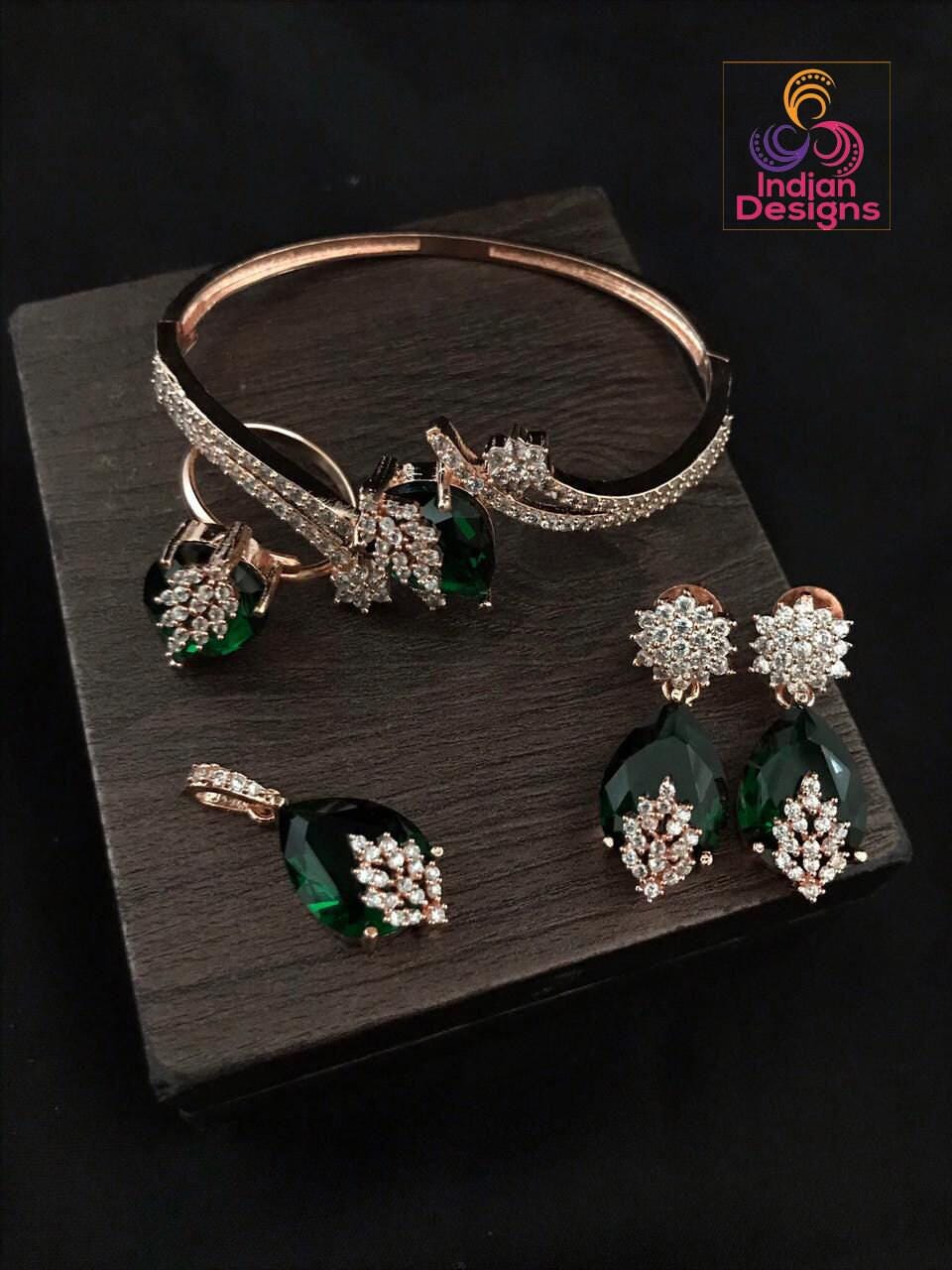 Earrings, ring, Pendant and Bracelet combo | Rose Gold Jewelry set | American Diamond CZ stone Jewelry Gift set for Her | CZ bangle set