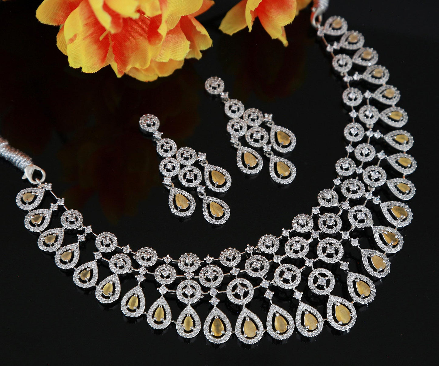 Exclusive silver tone american diamond wedding choker necklace| tear drop pink diamond ad choker set, indian pakistani style wedding jewelry