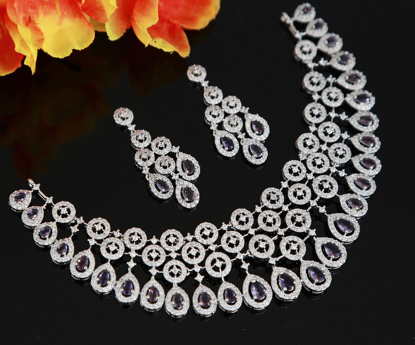 Exclusive silver tone american diamond wedding choker necklace| tear drop pink diamond ad choker set, indian pakistani style wedding jewelry