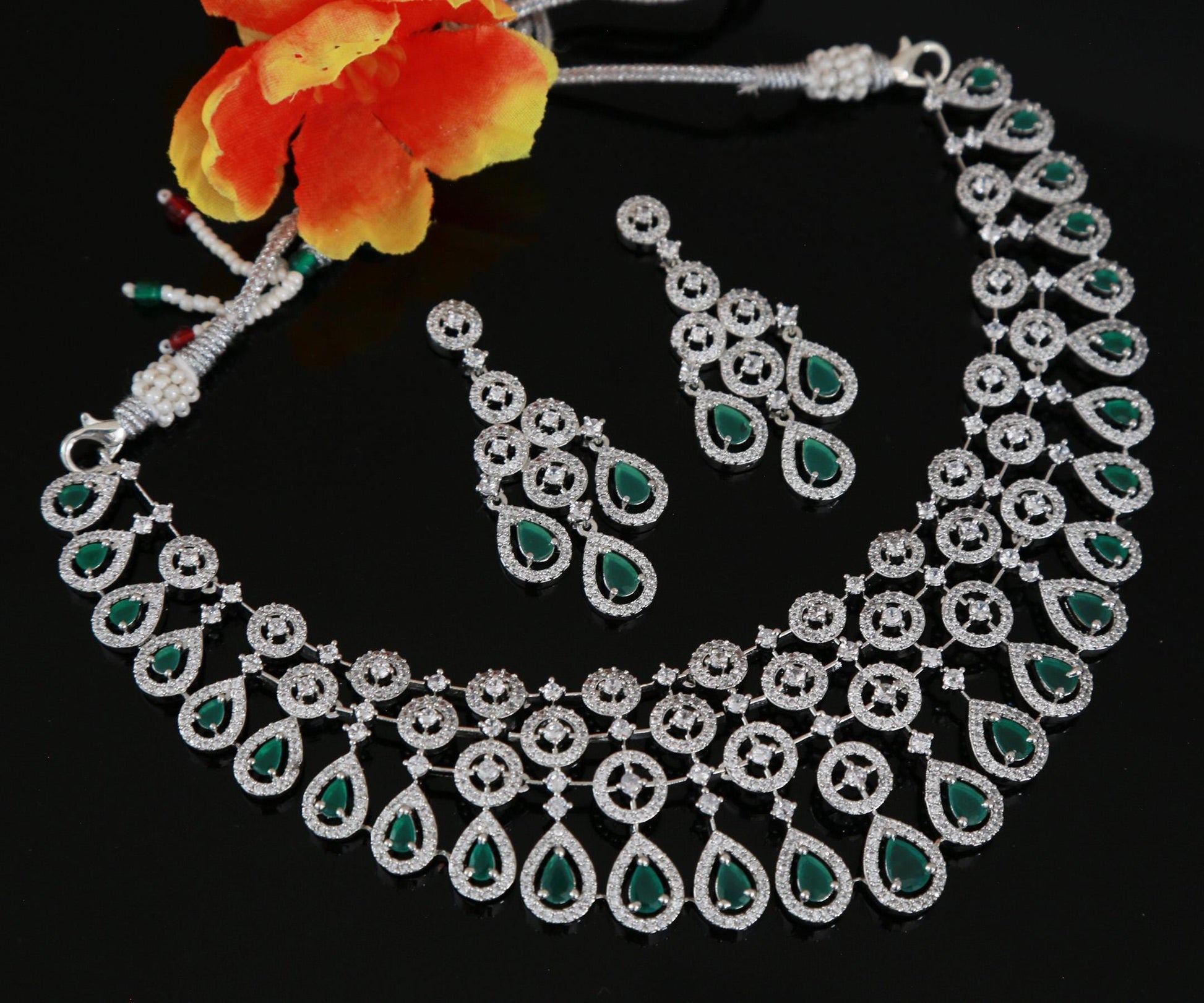 Exclusive silver tone american diamond wedding choker necklace| tear drop pink diamond ad choker set, indian pakistani style wedding jewelry