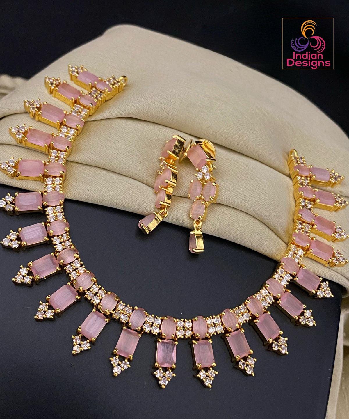 Gold plated Cz American Diamond ruby, Emerald and Blue Sapphire stones necklace earrings Indian Jewelry | AD stones Simple gold choker set