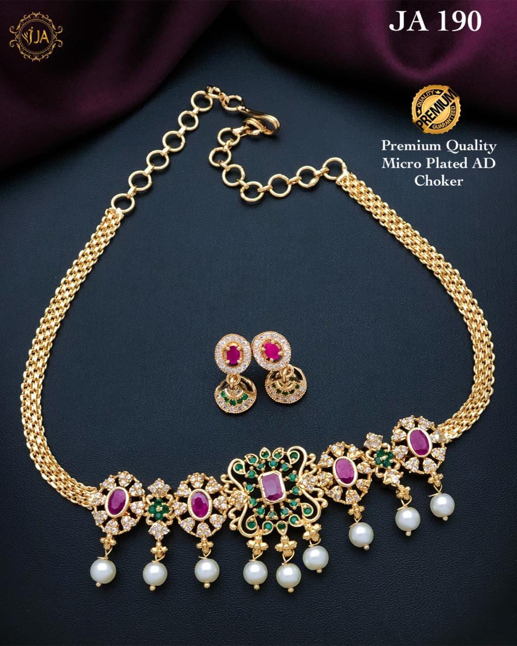 South Indian gold choker necklace designs| Small gold choker necklace designs with Pearl drops and AD stones| American Diamond Necklace