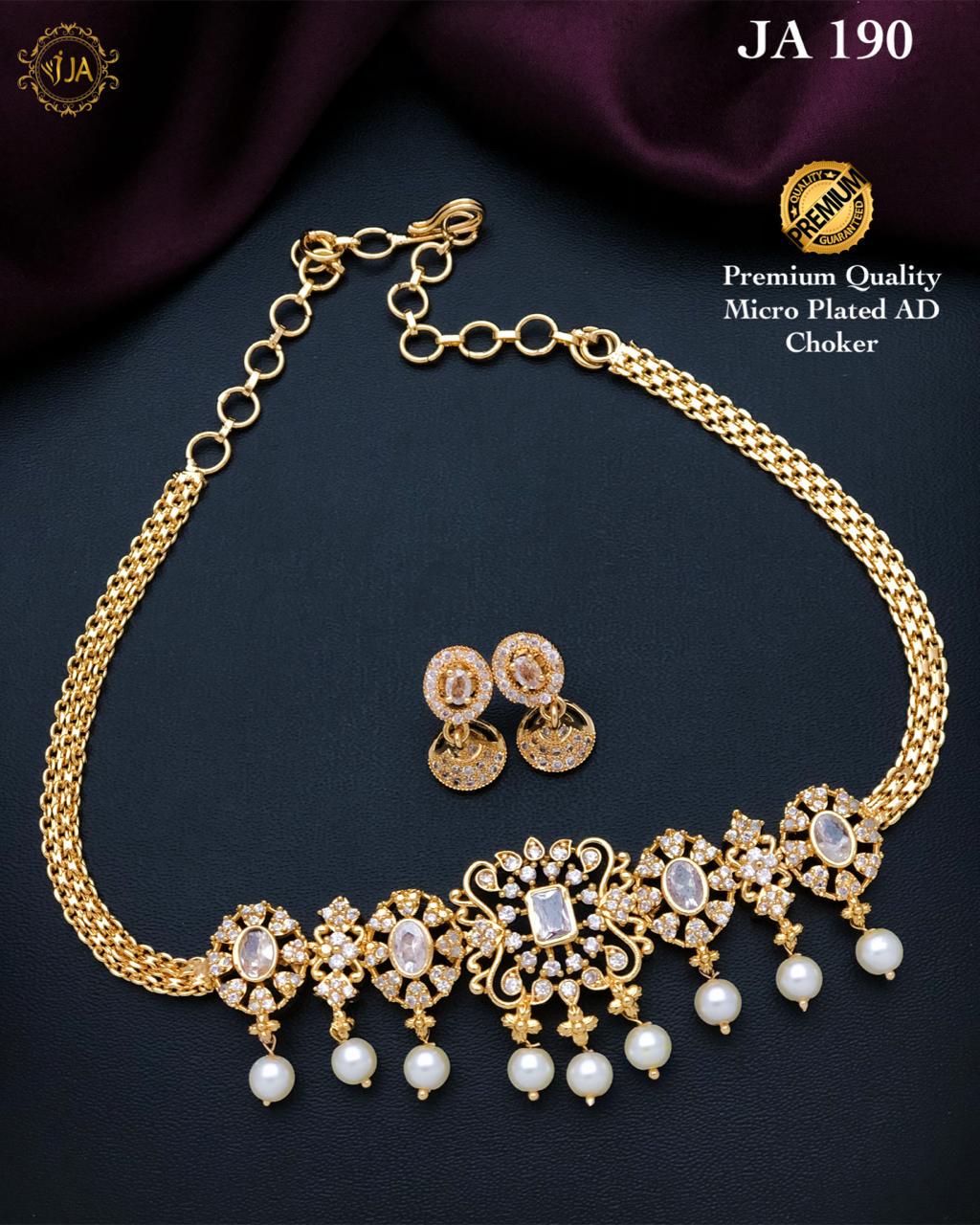 South Indian gold choker necklace designs| Small gold choker necklace designs with Pearl drops and AD stones| American Diamond Necklace