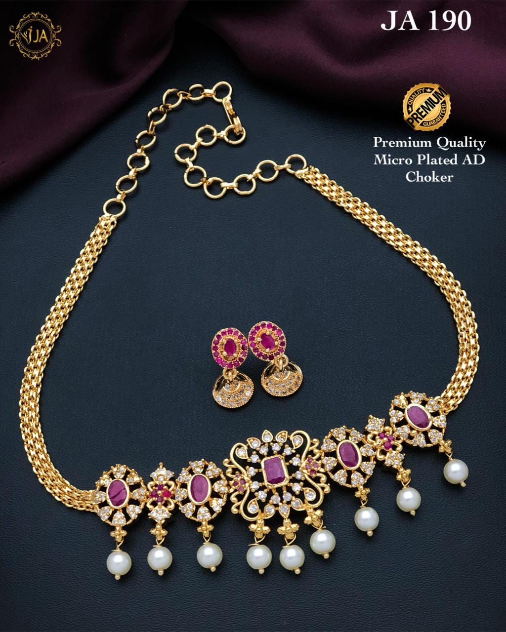 South Indian gold choker necklace designs| Small gold choker necklace designs with Pearl drops and AD stones| American Diamond Necklace