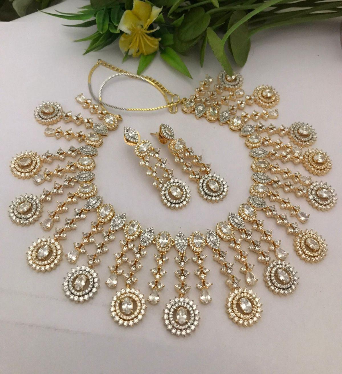 CZ Diamond Bridal choker Necklace Earring Set| Statement Wedding Necklace| American Diamond Choker set|Indian/Pakistani jewelry|Gift for her