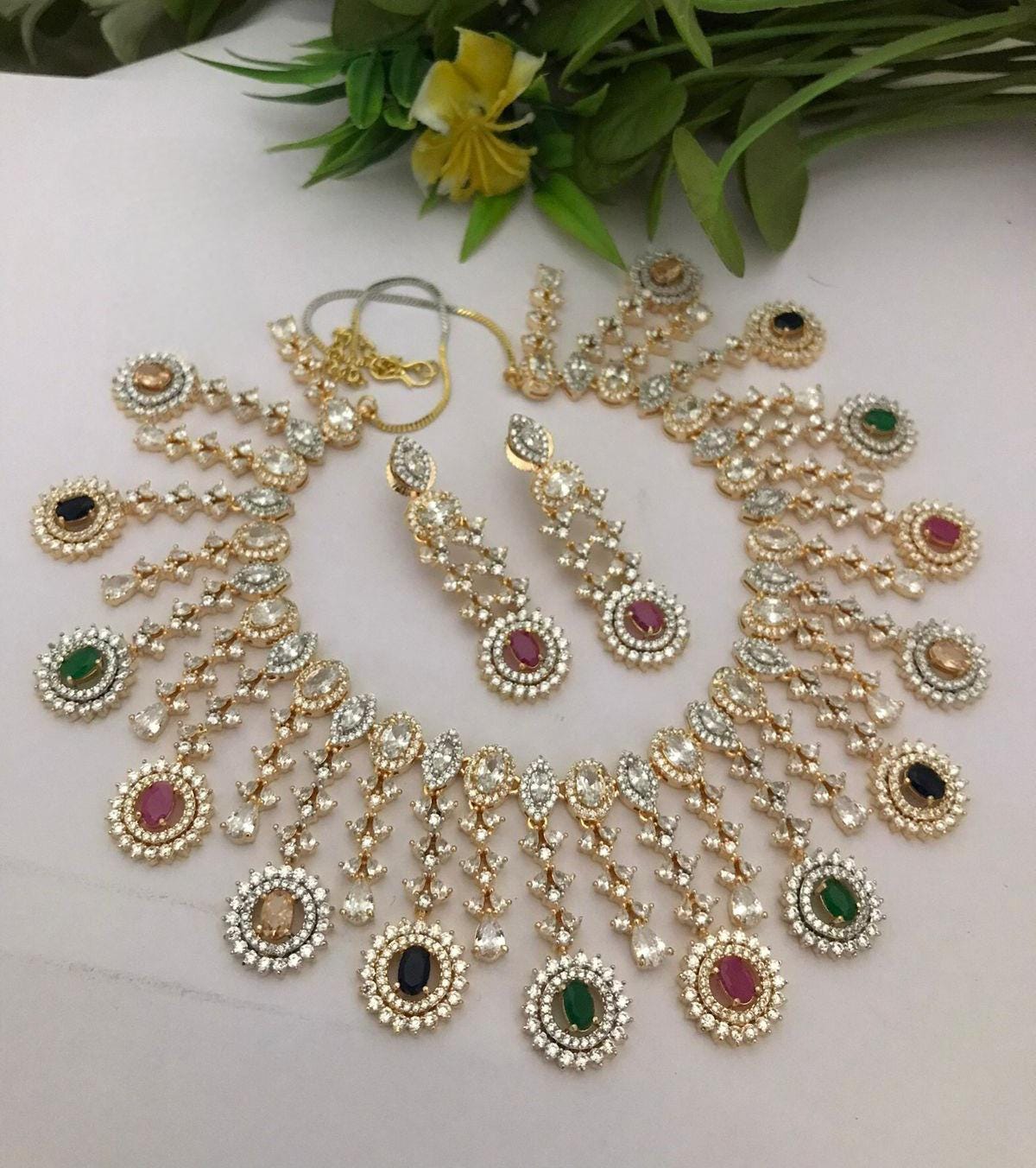 CZ Diamond Bridal choker Necklace Earring Set| Statement Wedding Necklace| American Diamond Choker set|Indian/Pakistani jewelry|Gift for her