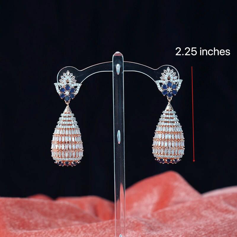 Rose gold american diamond chandelier earrings with sapphire blue/ emerald green cz stones|statement fashion designer earrings| gift for her