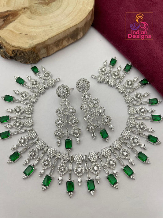 Silver plated american diamond necklace set & matching earrings| wedding statement jewelry| luxury blue stone necklace| party wear necklace
