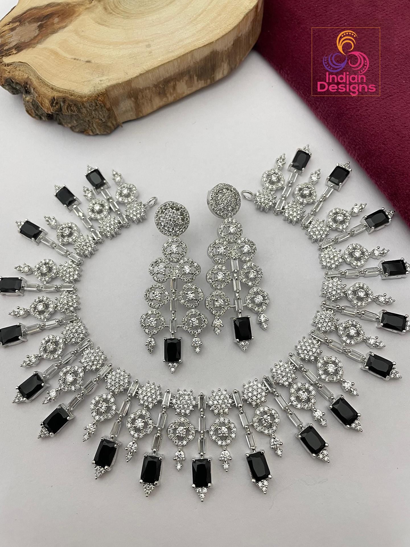 Silver plated american diamond necklace set & matching earrings| wedding statement jewelry| luxury blue stone necklace| party wear necklace
