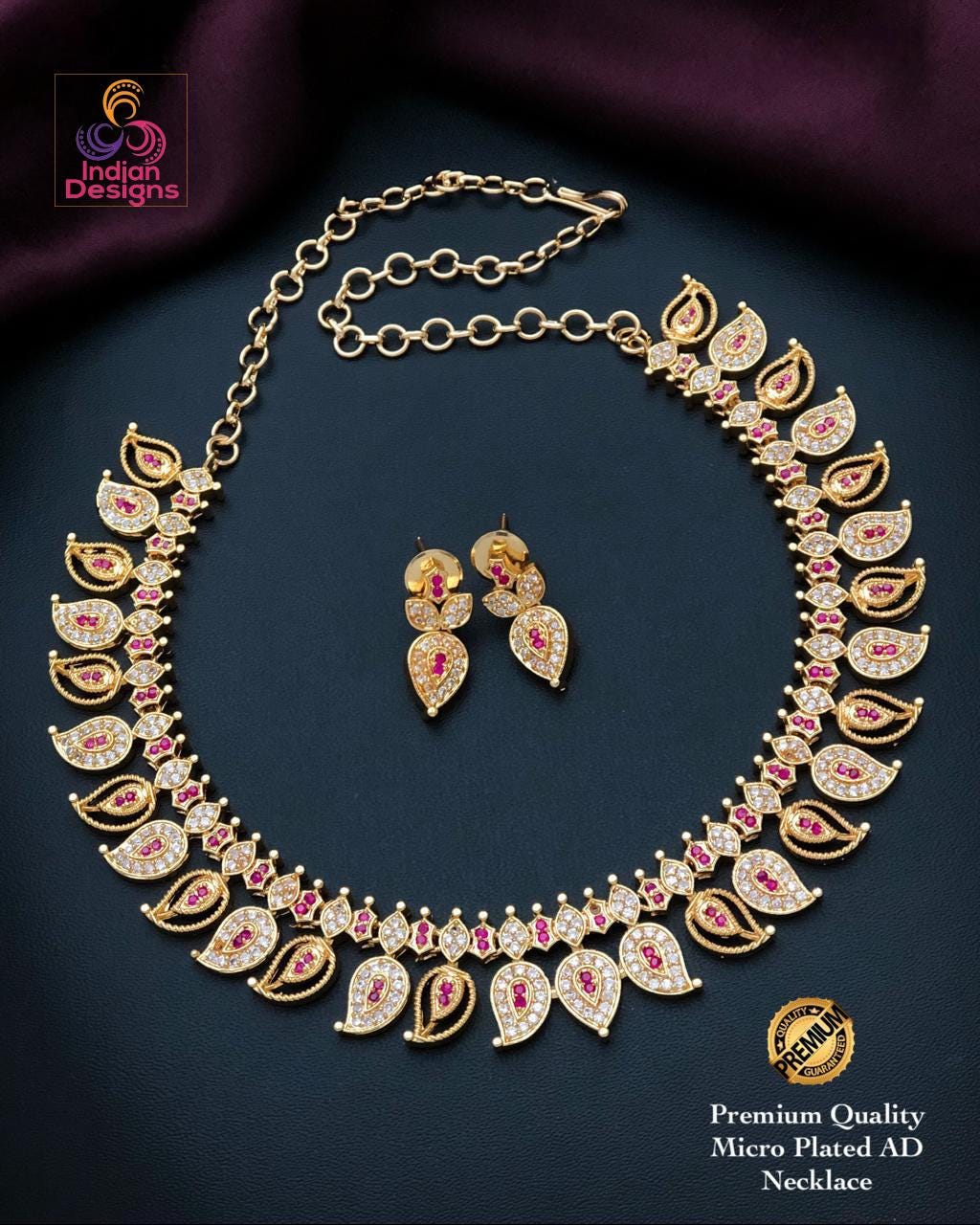 Gold plated ad stone necklace set| indian traditional mango motif choker| ruby emerald & clear stone ethnic jewelry for women| gift for her