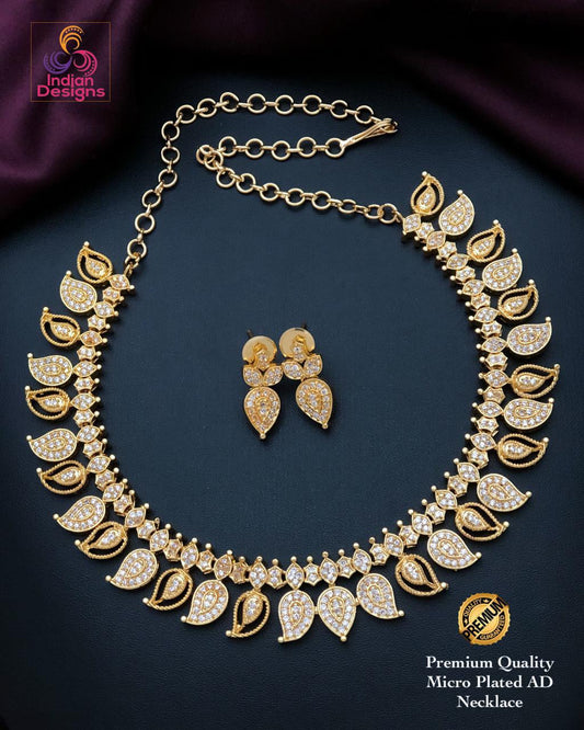 Gold plated ad stone necklace set| indian traditional mango motif choker| ruby emerald & clear stone ethnic jewelry for women| gift for her