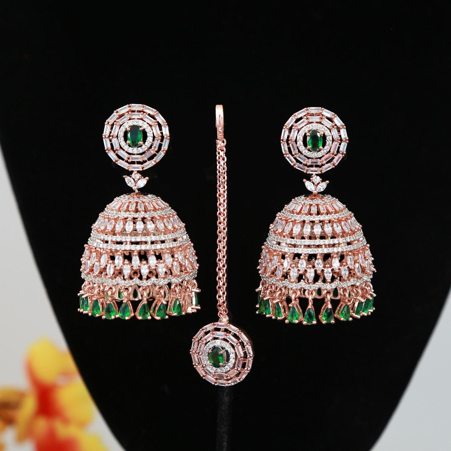 Rose Gold CZ Indian Jewelry Jhumka Earrings | Large Jhumkas Designs | Kashmiri Jhumki | Big bridal Jhumkas for wedding | Blue | Pink | Mint