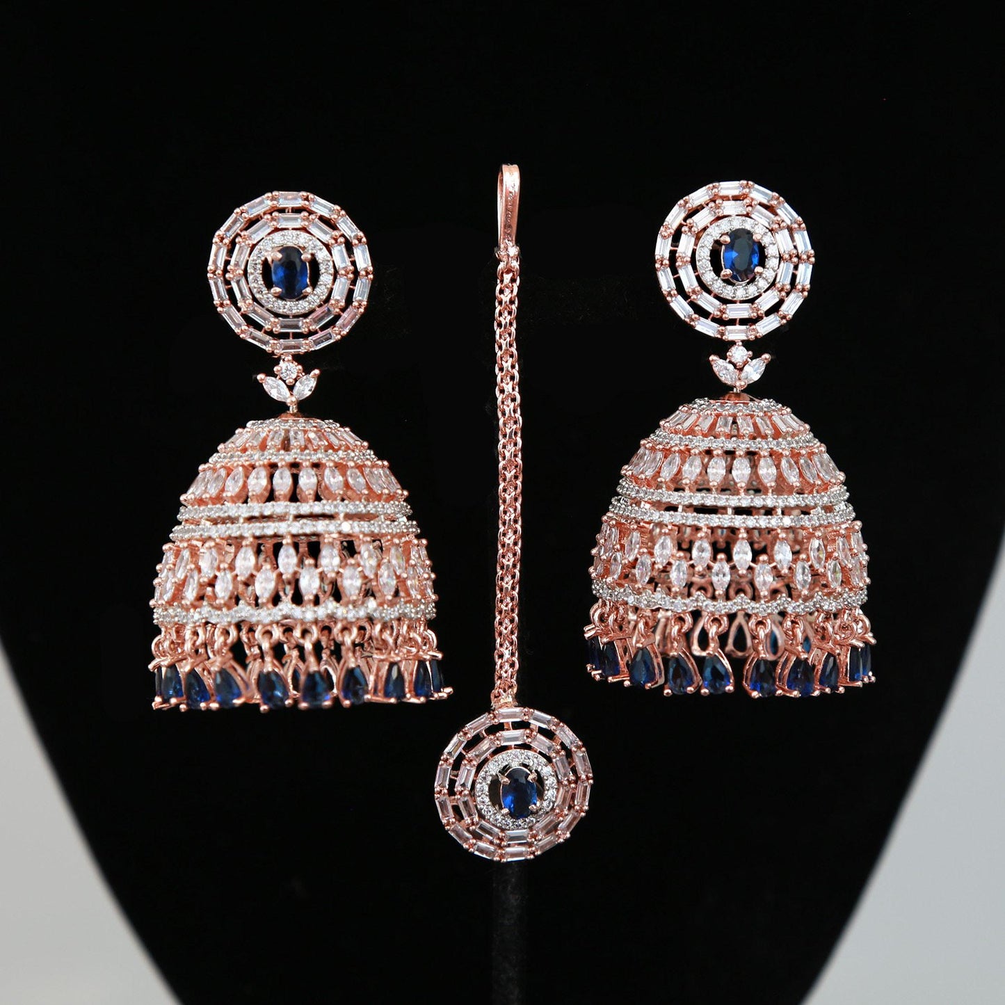 Rose Gold CZ Indian Jewelry Jhumka Earrings | Large Jhumkas Designs | Kashmiri Jhumki | Big bridal Jhumkas for wedding | Blue | Pink | Mint