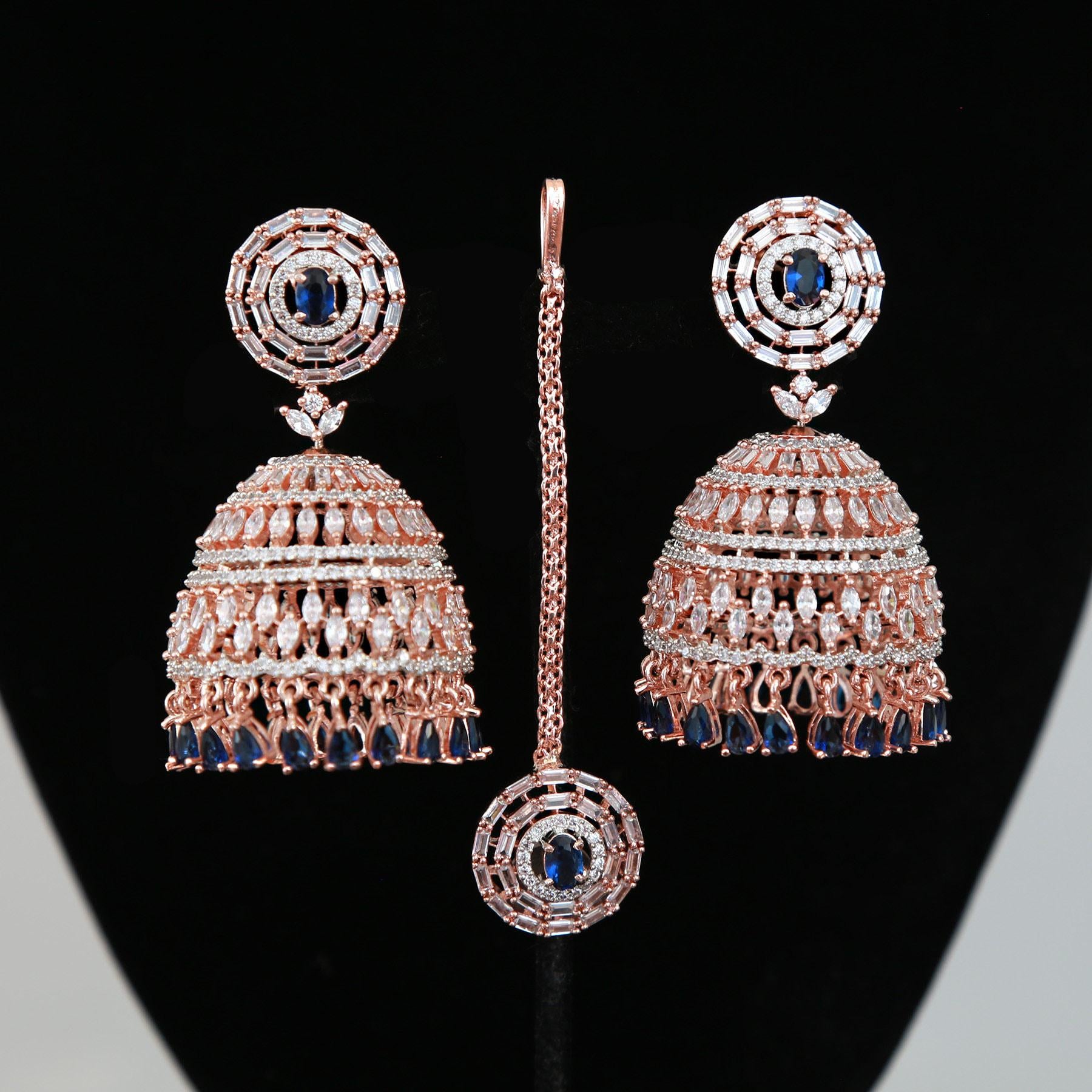 Rose Gold CZ Indian Jewelry Jhumka Earrings | Large Jhumkas Designs | Kashmiri Jhumki | Big bridal Jhumkas for wedding | Blue | Pink | Mint