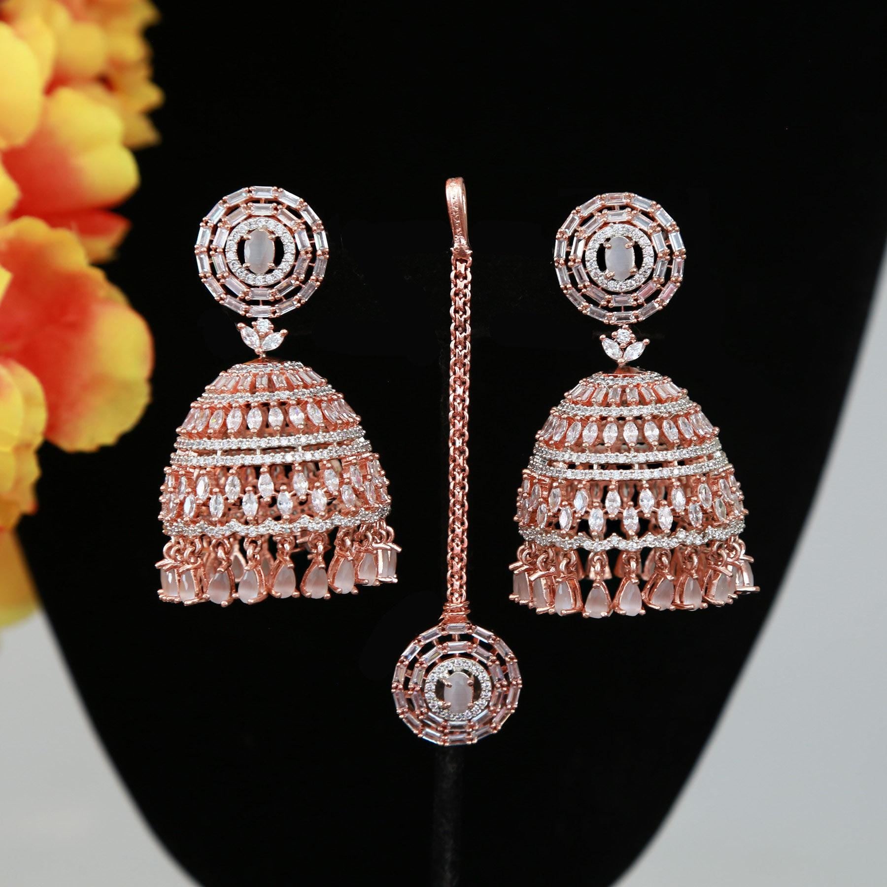 Rose Gold CZ Indian Jewelry Jhumka Earrings | Large Jhumkas Designs | Kashmiri Jhumki | Big bridal Jhumkas for wedding | Blue | Pink | Mint