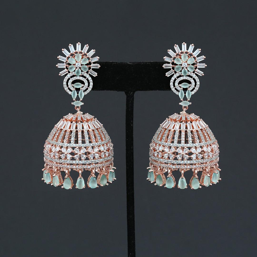 Rose Gold CZ Indian Jewelry Jhumka Earrings | Large Jhumkas Designs | Kashmiri Jhumki | Big bridal Jhumkas for wedding | Blue | Pink | Mint