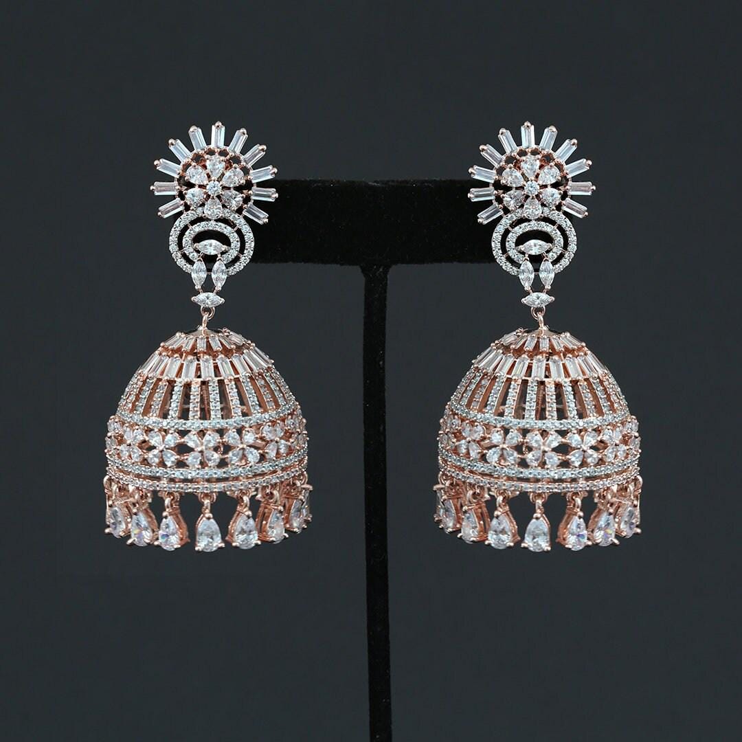 Rose Gold CZ Indian Jewelry Jhumka Earrings | Large Jhumkas Designs | Kashmiri Jhumki | Big bridal Jhumkas for wedding | Blue | Pink | Mint