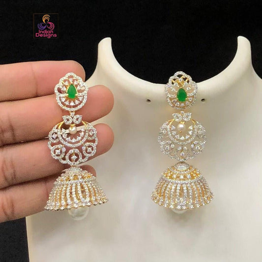 Wedding party wear jhumka earrings| cz american diamond long jhumki drop earrings| bollywood fashion jewelry ad earrings|party wear earrings