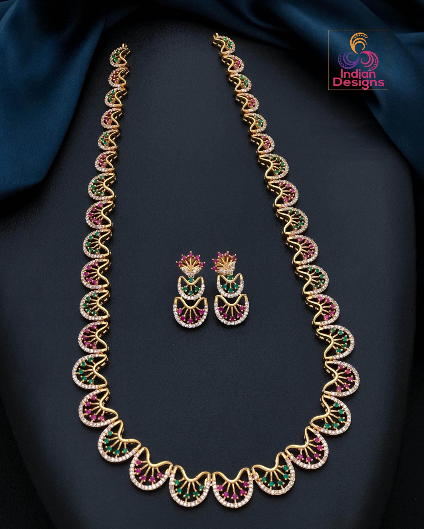 American diamond long necklace set| ruby, emerald & white variants| matte gold south indian jewelry| lightweight ad necklace| gift for her